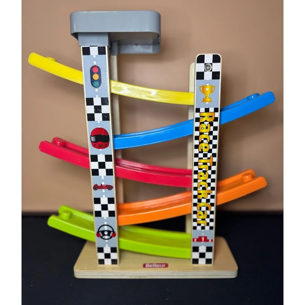 Belleur Wooden Race Track Car Ramp Toy Zig Zag Glider Cars Montessori